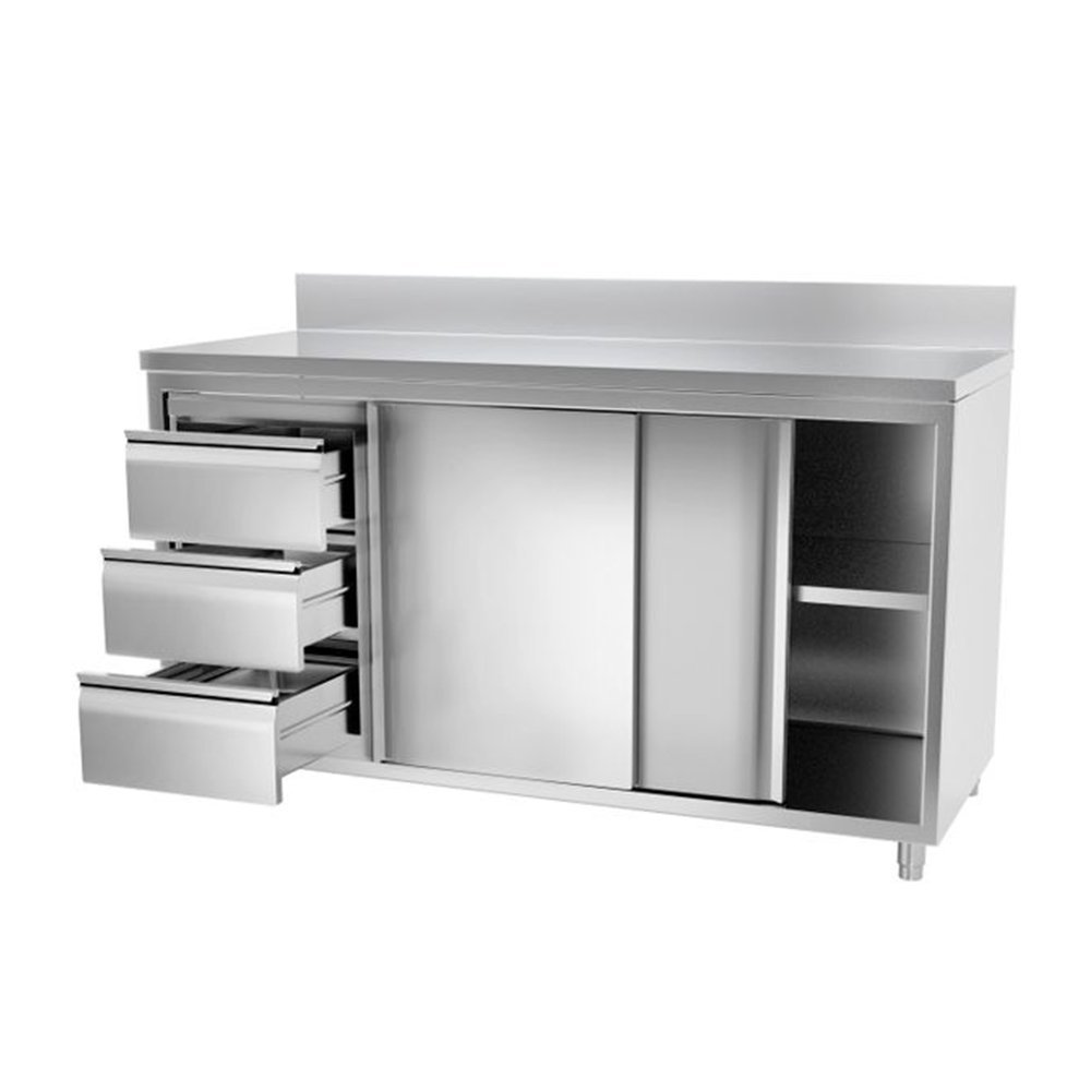 Nerezový stôl s posuvnými dverami šuflíkový + zadný lem 180x70 cm